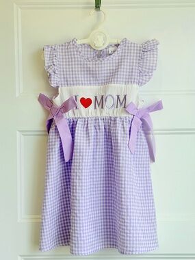 Girls Lavender Gingham 'Love Mom' Ruffle Sleeve Dress